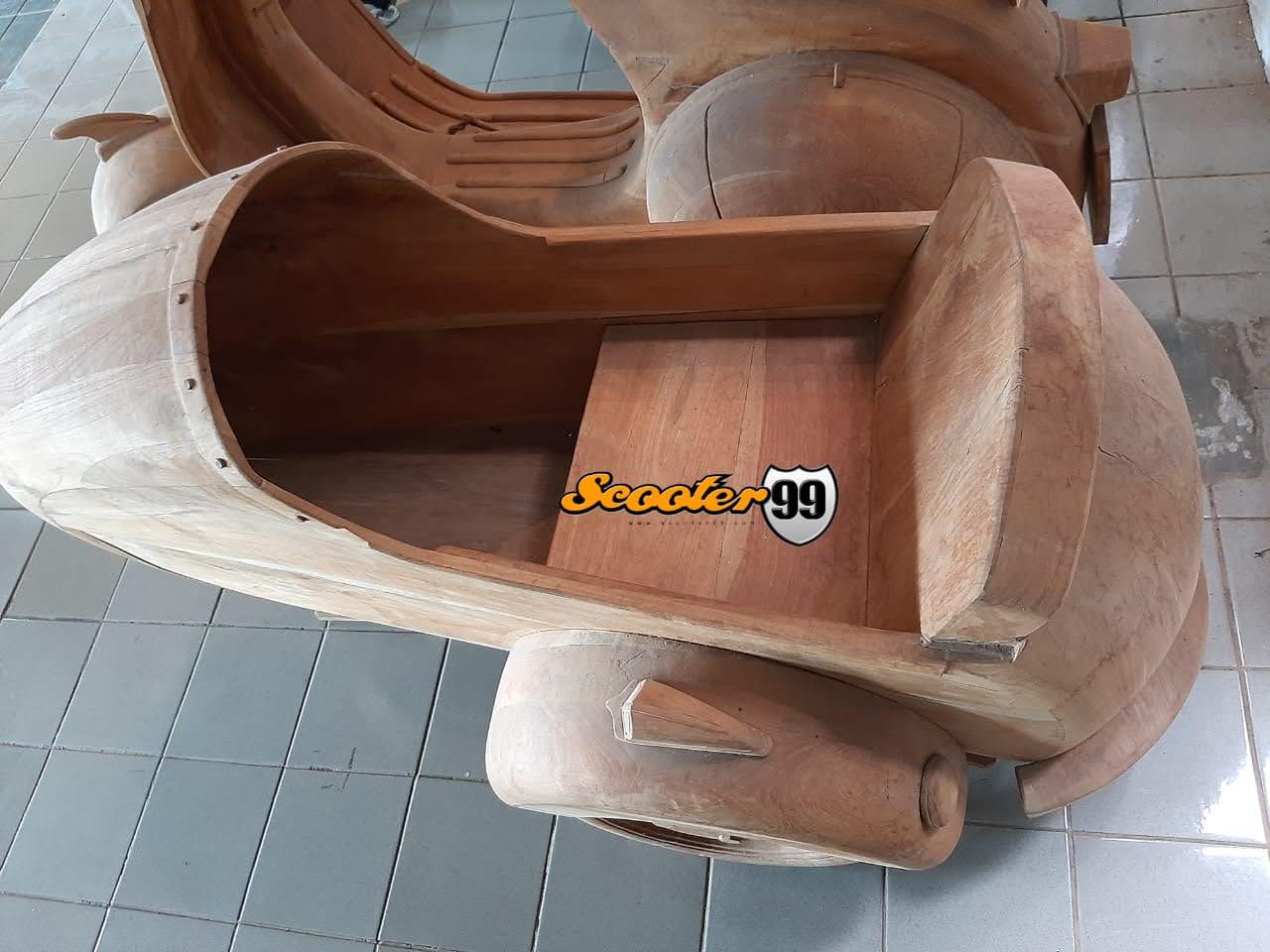 Hand-carved 1950s Vespa profile with streamlined sidecar